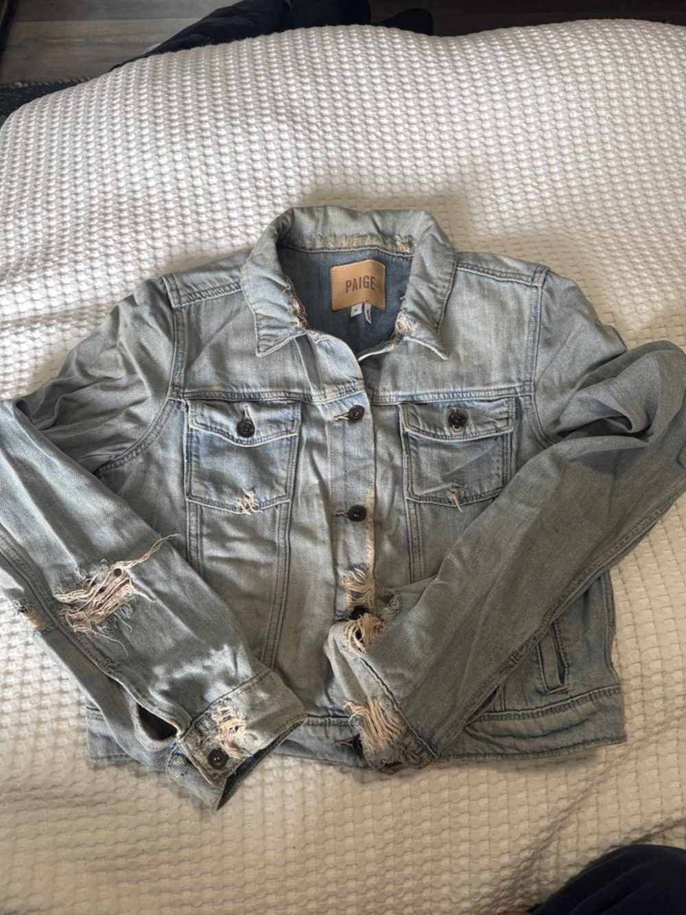 PAIGE Light Wash Distressed Denim Jacket - Washed Blue